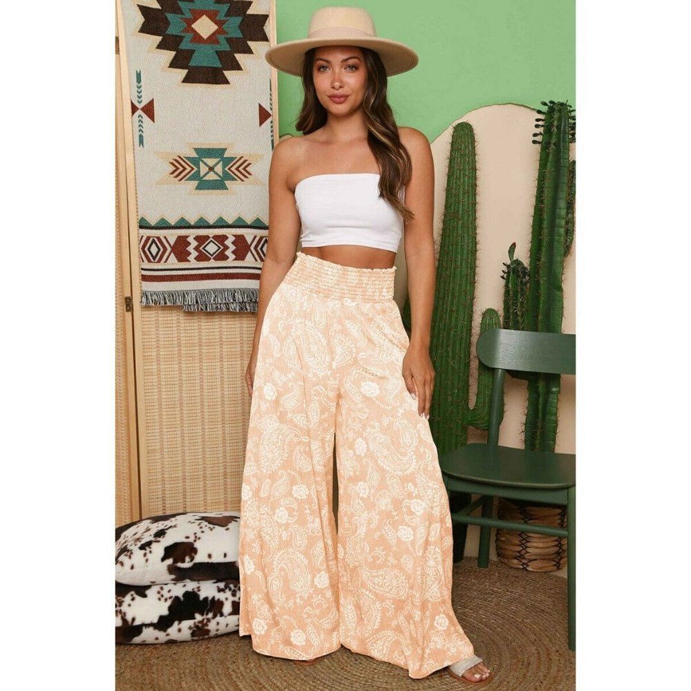 SALE! FANTASTIC FAWN Women's Wide Leg Peach Paisley Pants Smocked FP51398-02